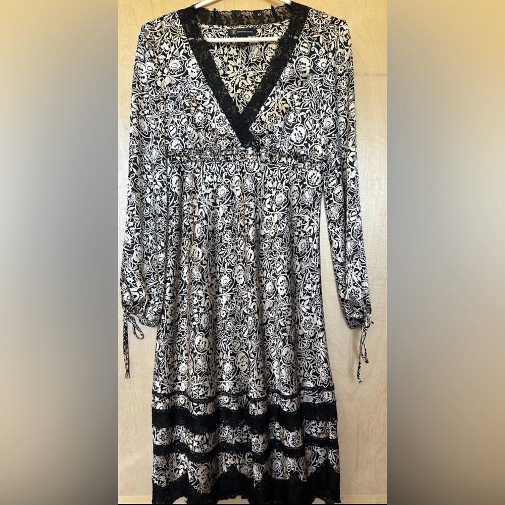 100% Silk Dress Sz4 INC International Concepts Faux Wrap Evening Lace Trim
